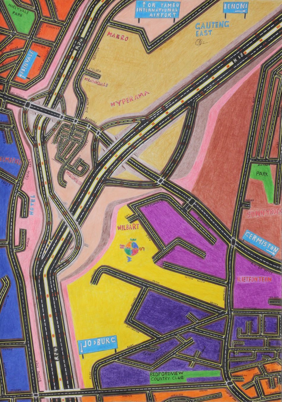 Click the image for a view of: Gauteng East. 2013. Colour pencil on paper. 860X710mm
